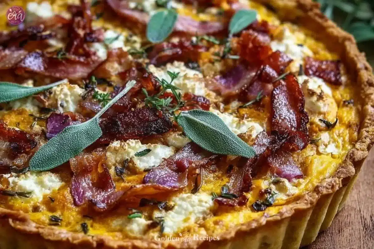 Savory Pumpkin Tart with ricotta, caramelized onion, bacon, and sage topping