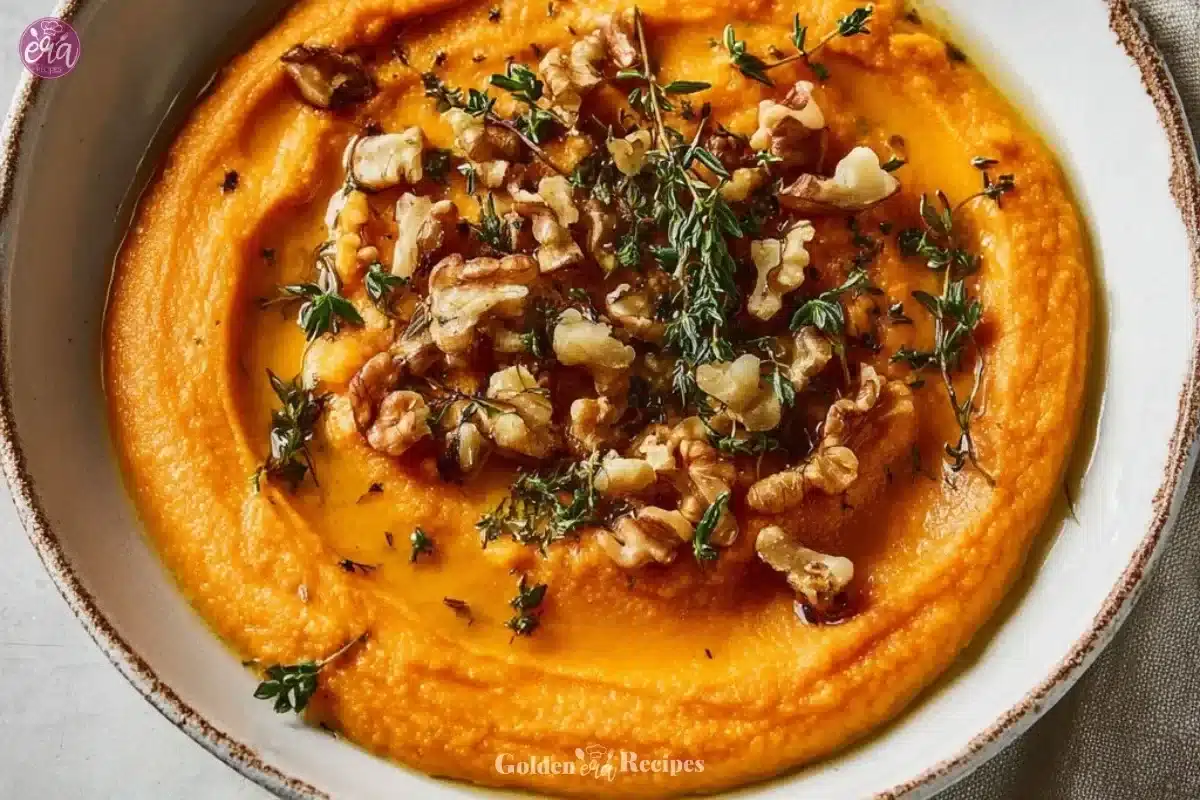 Pumpkin Whipped Feta Dip served in a bowl with herbs on top