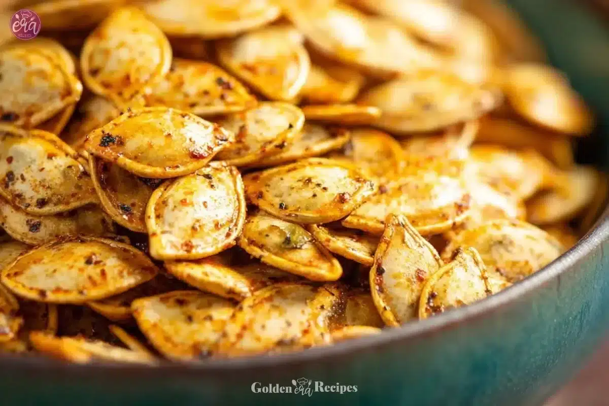 Bowl of crunchy roasted pumpkin seeds garnished with herbs