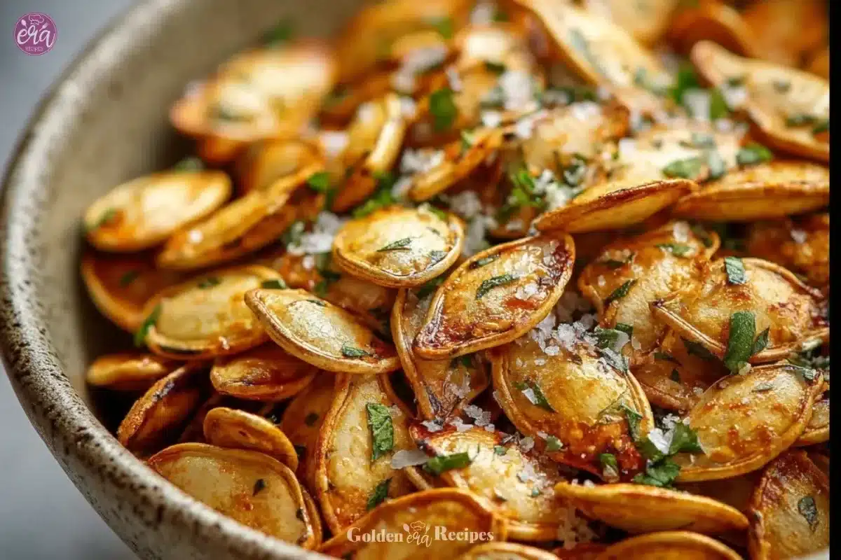 Savory garlic parmesan pumpkin seeds in a bowl ready to be served