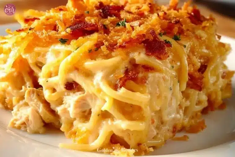 Spicy Southern cheesy chicken spaghetti casserole served with cheese and herbs.