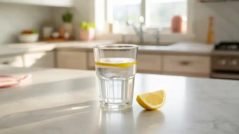 Glass of unflavored gelatin mixed with water and lemon on kitchen counter