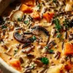 Bowl of Autumn Wild Rice Soup garnished with herbs and served warm