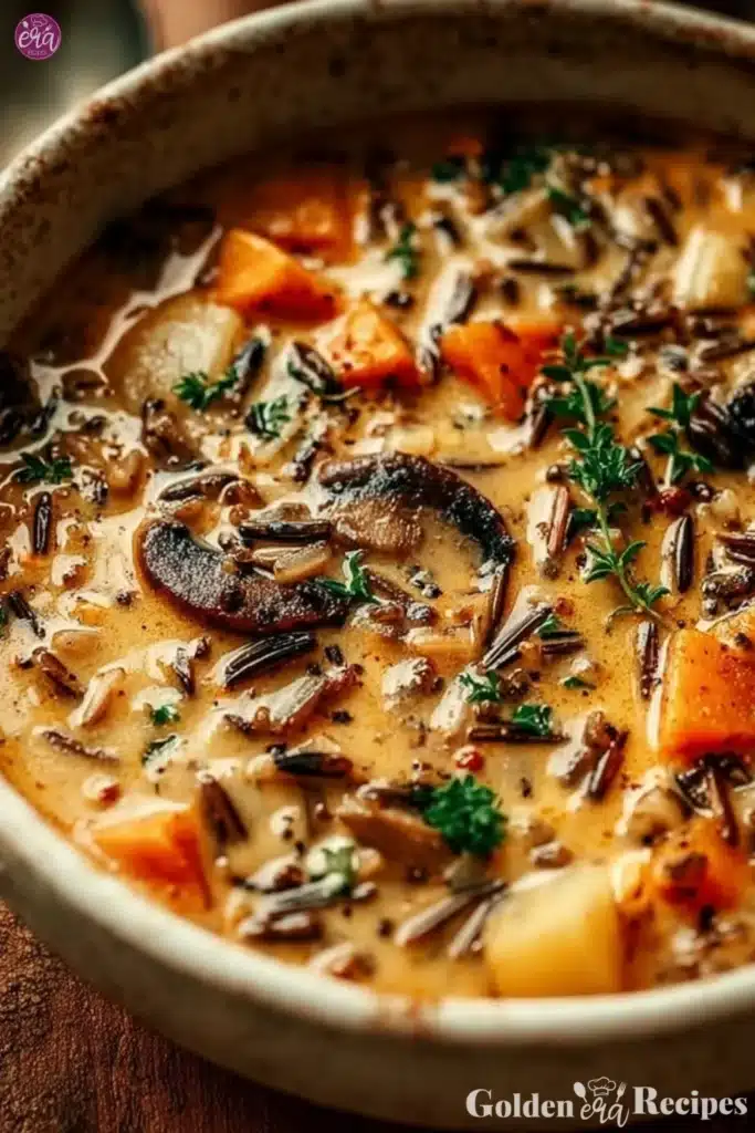 Bowl of Autumn Wild Rice Soup garnished with herbs and served warm