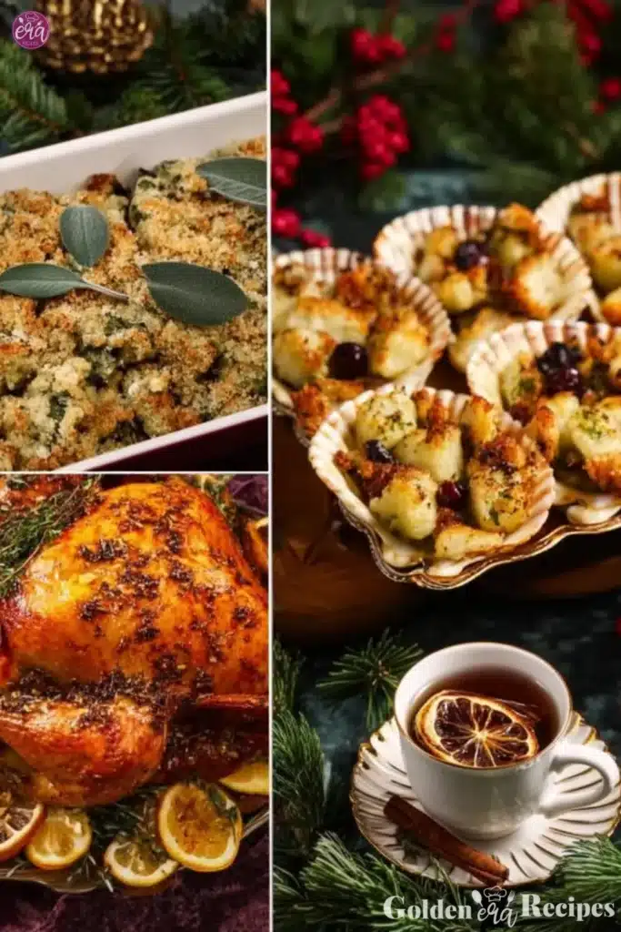 Victorian Dickens Christmas Feast with traditional dishes and festive decor.