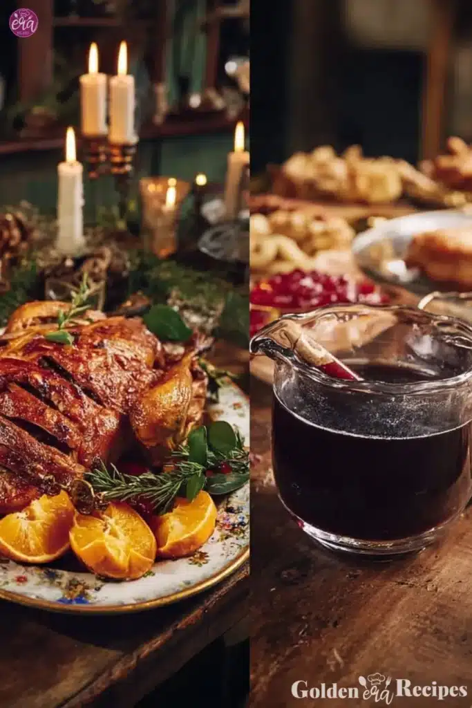 Victorian Dickens Christmas Feast with traditional dishes and festive decor.