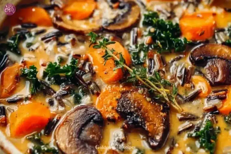 Bowl of autumn wild rice soup surrounded by fresh vegetables and herbs