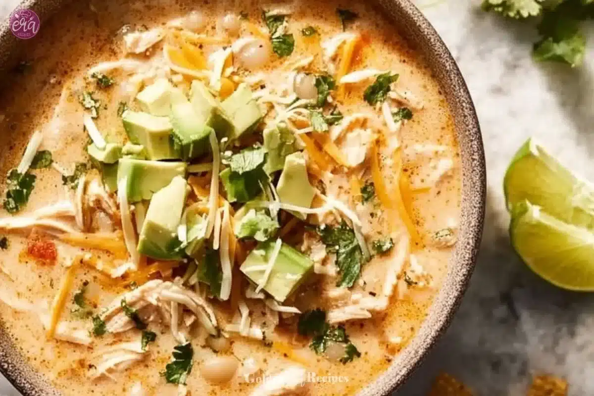 Award winning white chicken chili served in a bowl with toppings