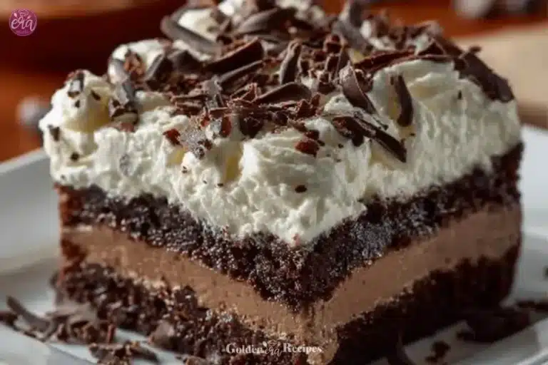 Delicious Brownie Refrigerator Cake layered with chocolate and cream