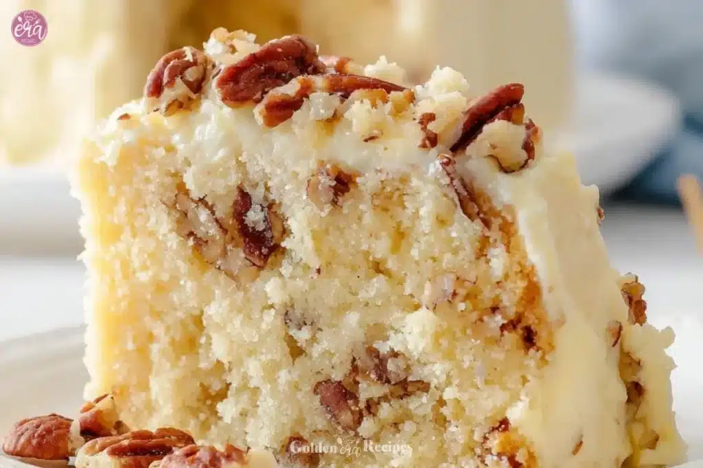 Delicious homemade Butter Pecan Cake with pecans and creamy frosting