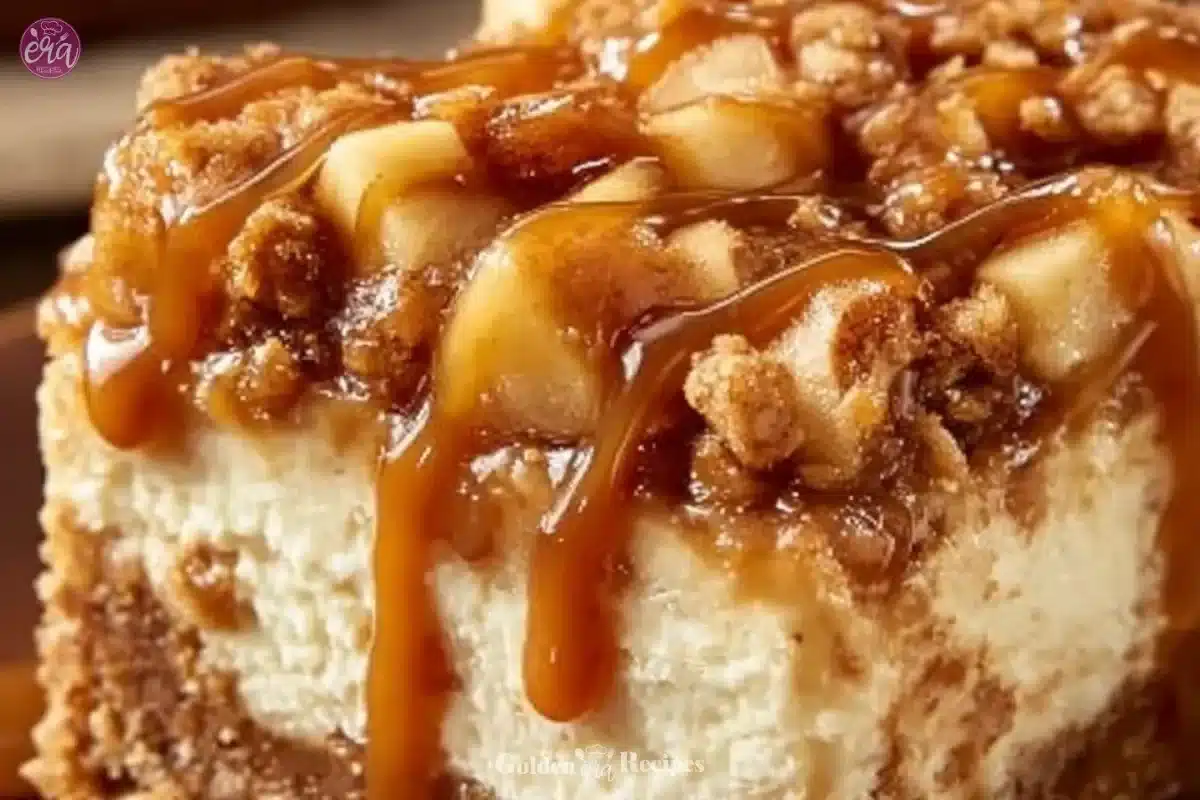 Delicious Caramel Apple Cheesecake Bars topped with caramel drizzles and apple slices