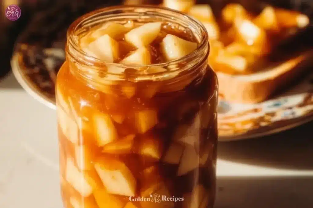 Homemade caramel apple jam in a jar with apples and caramel in the background