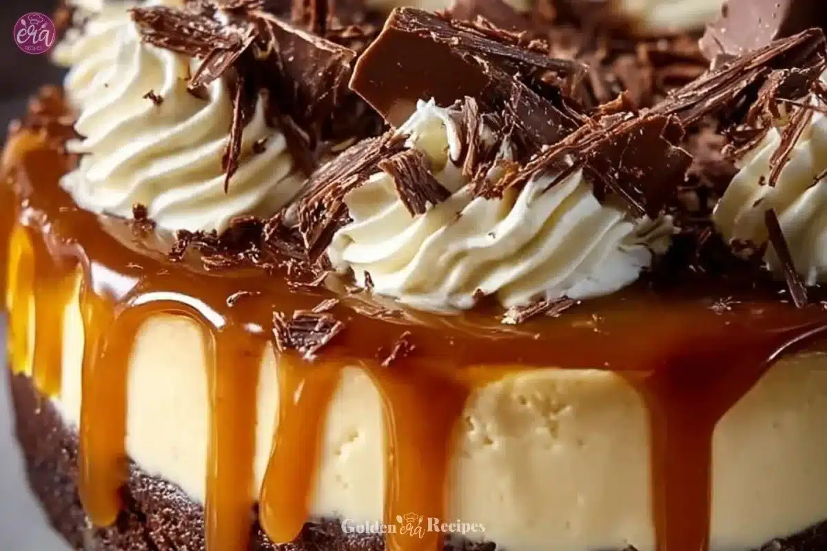 Delicious caramel brownie cheesecake slice topped with caramel drizzle