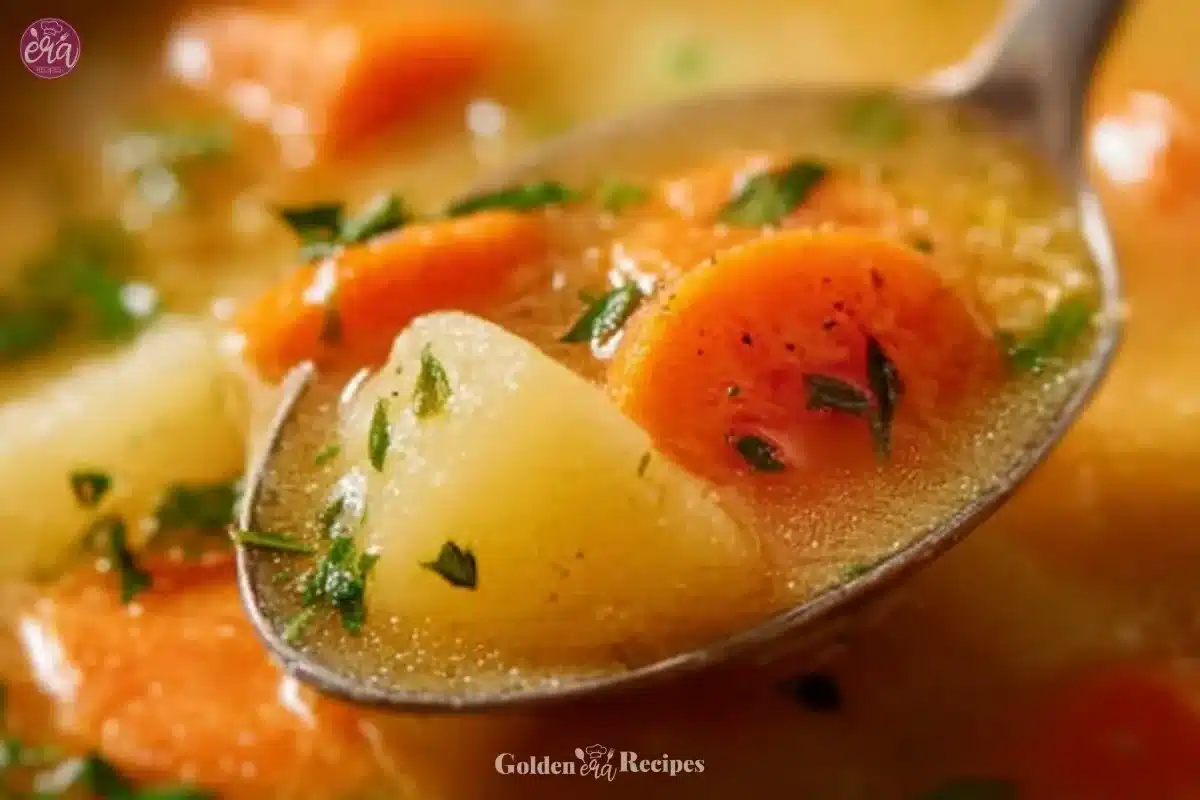 Bowl of creamy carrot potato soup garnished with fresh herbs
