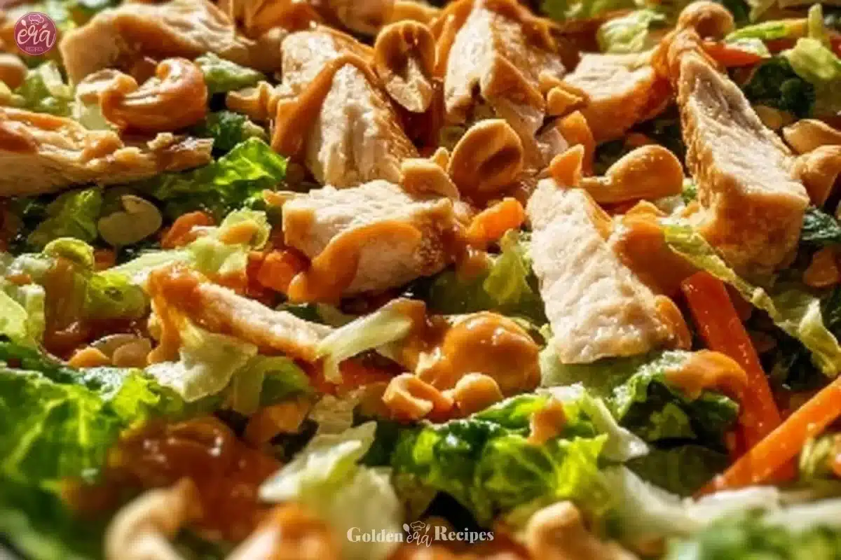 A vibrant Chicken Cashew Crunch Salad topped with fresh vegetables and crispy cashews.