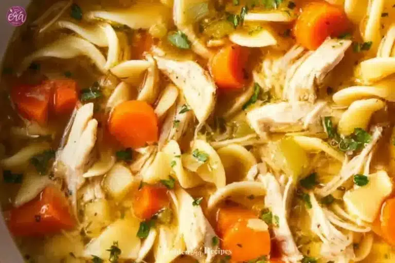 Bowl of delicious homemade chicken noodle soup with fresh ingredients