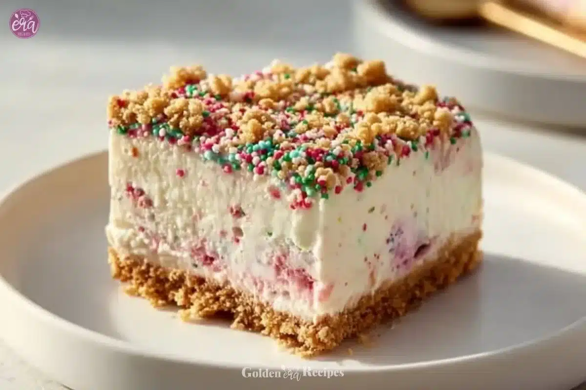 A beautifully decorated Christmas Crunch Cake topped with festive sprinkles