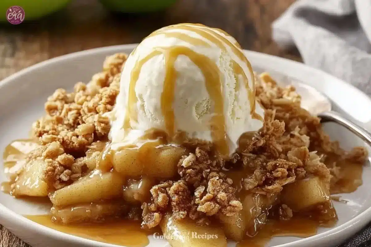 Delicious classic apple crumble dessert served warm with a scoop of vanilla ice cream.
