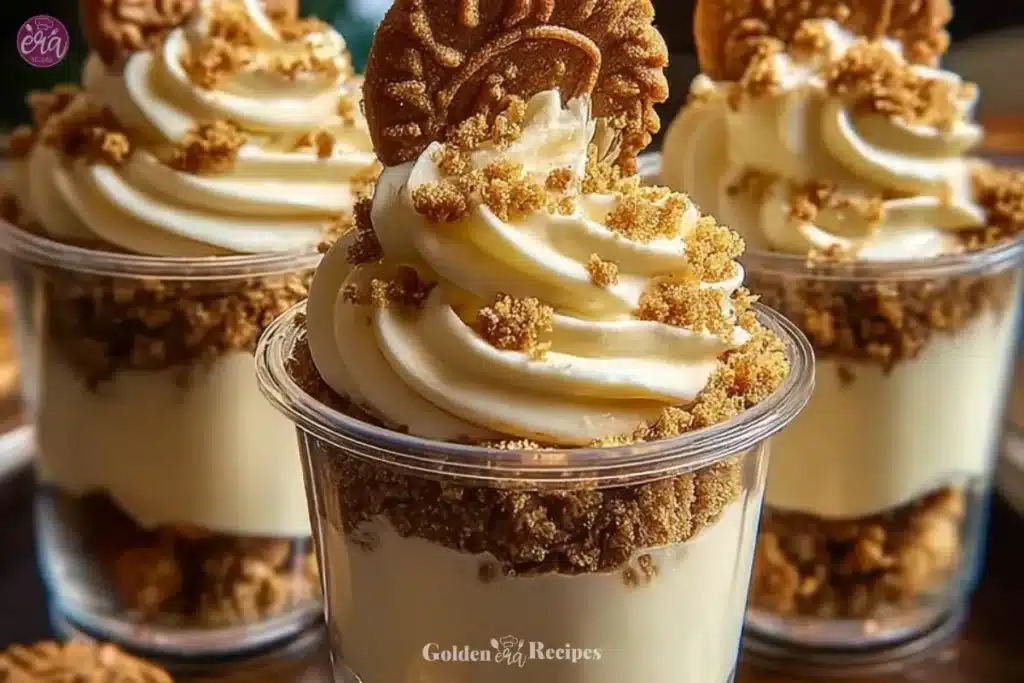 Cookie Butter Cheesecake Cups 1 Delicious Cookie Butter Cheesecake Cups topped with whipped cream and cookie crumbs.