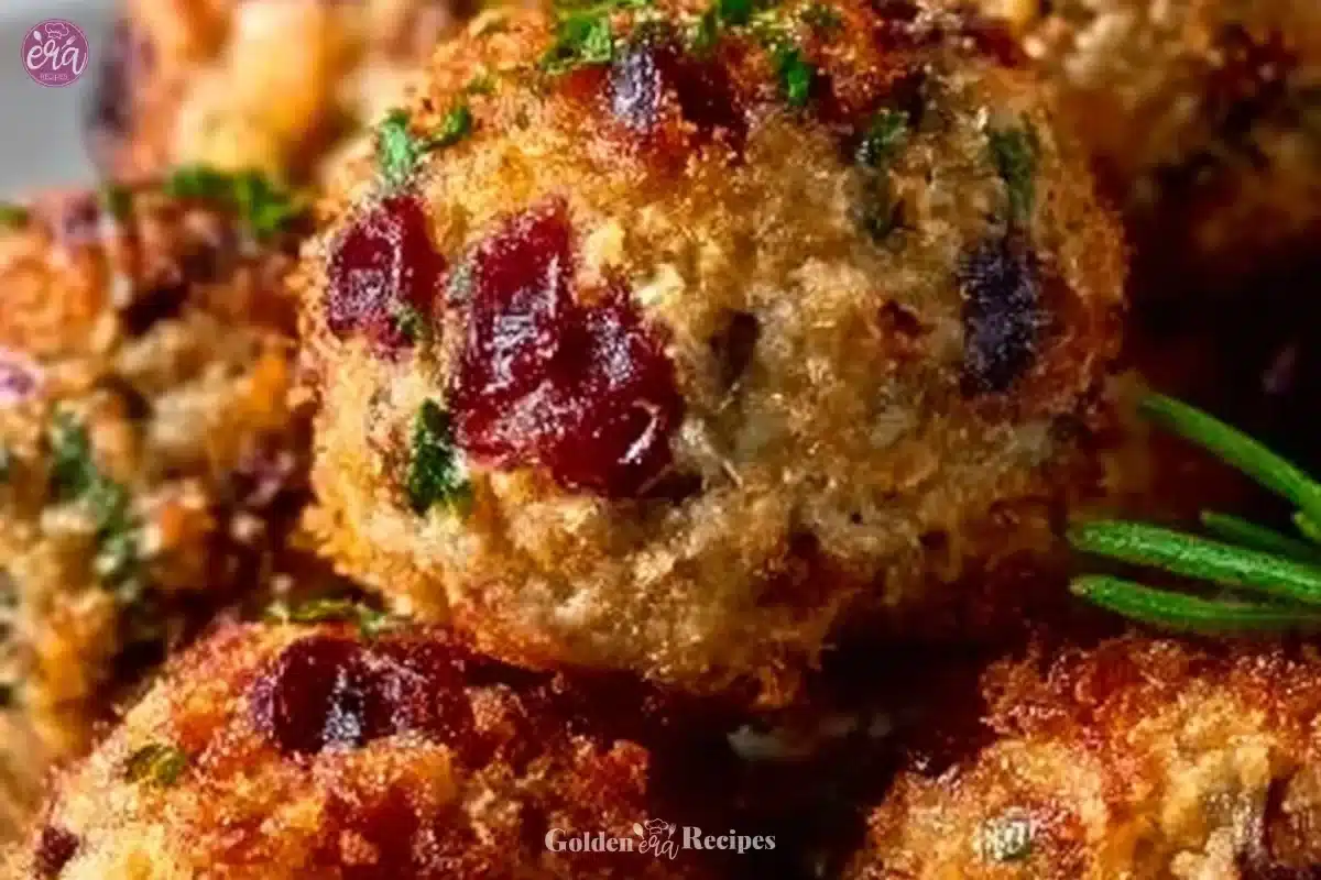 Cranberry turkey stuffing balls ready to serve at Thanksgiving dinner