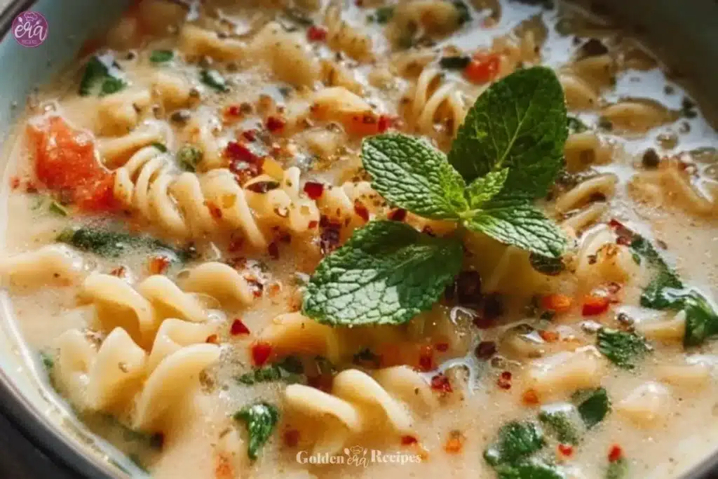 Creamy Chicken Lasagna Soup 1 Bowl of creamy chicken lasagna soup with noodles, chicken, and cheese