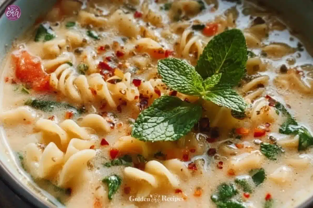 Bowl of creamy chicken lasagna soup with noodles, chicken, and cheese