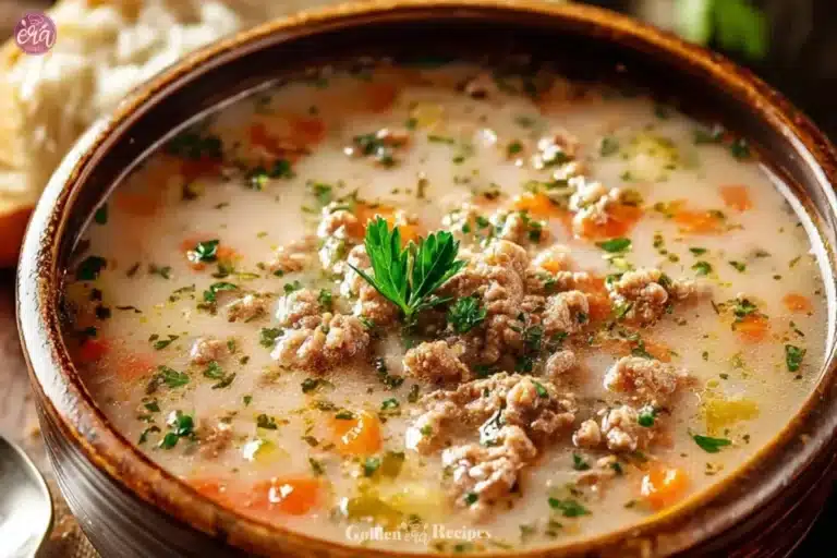 Bowl of creamy Italian sausage soup with vegetables and herbs