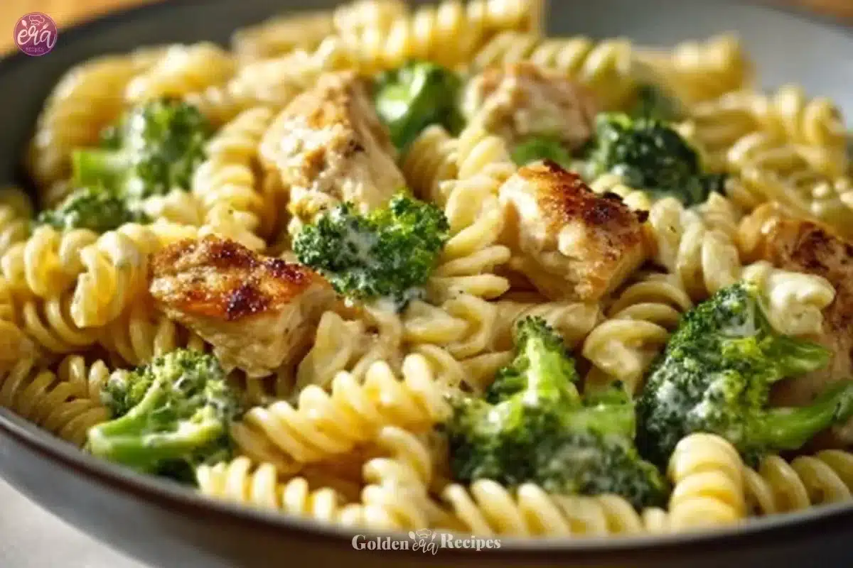 Creamy rotisserie chicken broccoli pasta served in a bowl