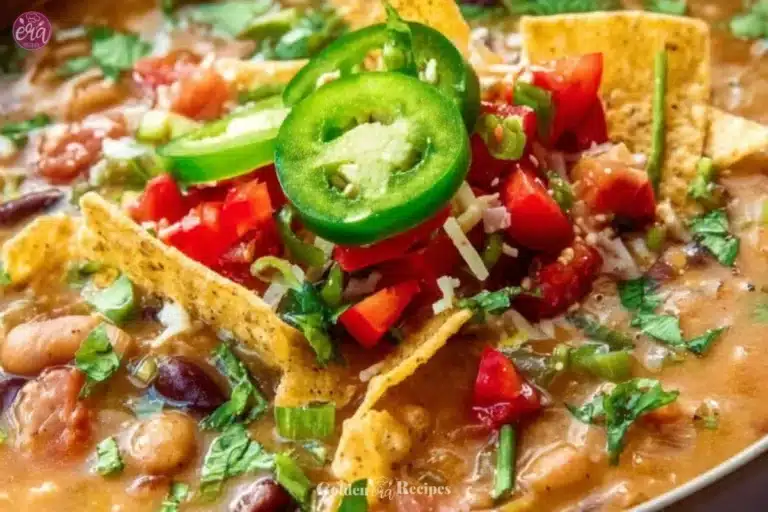 Bowl of creamy vegetarian tortilla soup topped with avocado and tortilla strips