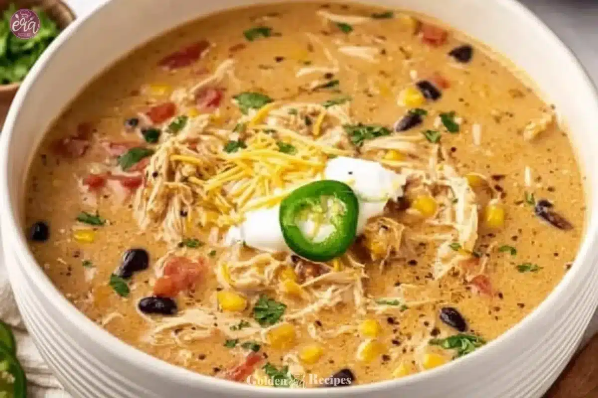 A bowl of creamy chicken chili made with cream cheese in a crock pot.