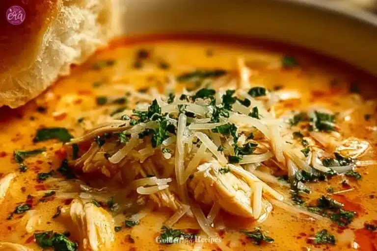 Crock Pot Creamy Chicken Parmesan Soup in a bowl with herbs