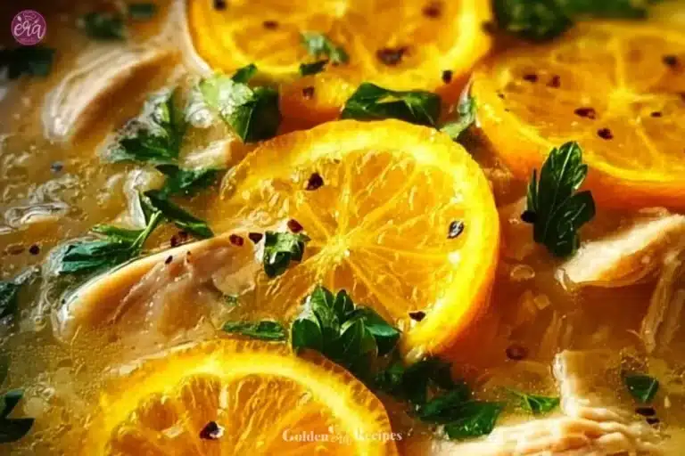 Bowl of Crockpot Lemon Chicken Soup garnished with lemon slices and herbs.