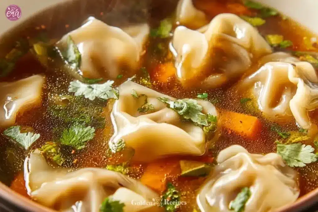 Dumpling Soup 1 A bowl of delicious dumpling soup with fresh herbs and vegetables