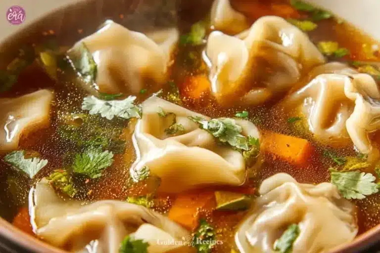 A bowl of delicious dumpling soup with fresh herbs and vegetables