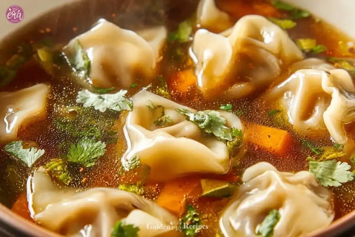 A bowl of delicious dumpling soup with fresh herbs and vegetables