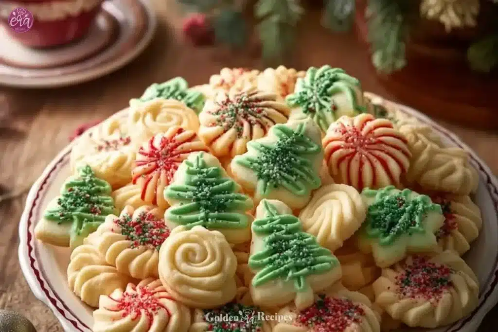 Easy Christmas Spritz Cookies 1 A plate of festive Christmas Spritz cookies decorated with colorful sprinkles.