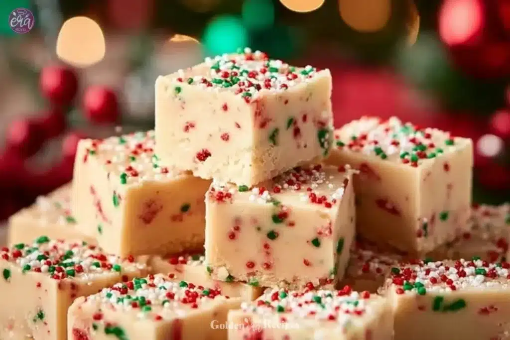 Easy Christmas Sugar Cookie Fudge 1 Delicious easy Christmas sugar cookie fudge topped with colorful sprinkles.