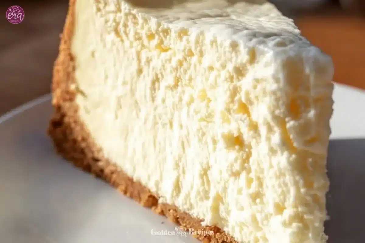 Easy creamy cheesecake topped with fresh strawberries on a rustic wooden table