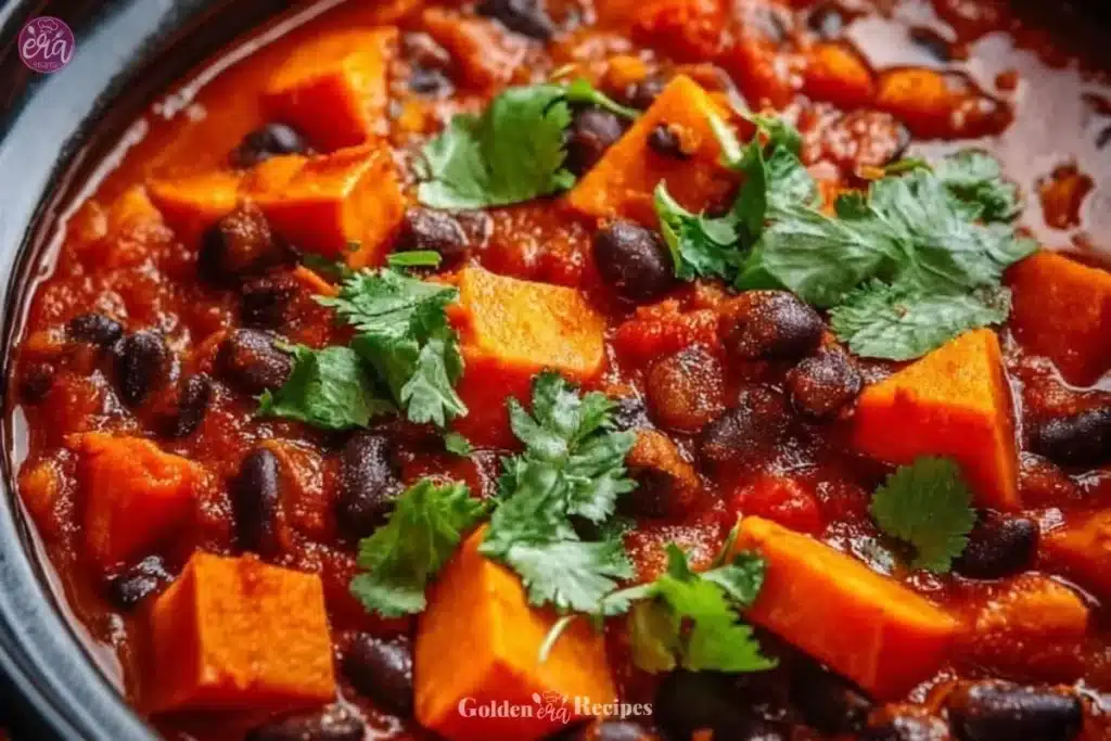 Easy Vegetarian Chili 1 Bowl of easy vegetarian chili with vibrant vegetables and beans