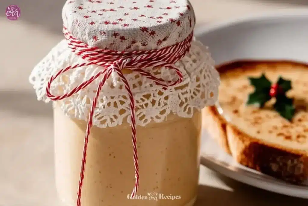 Eggnog Jam for Cozy, Creamy Holiday Mornings 1 Jar of Eggnog Jam on a festive table