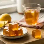 Golden gelatin cubes and warm drink on rustic wooden board for weight loss
