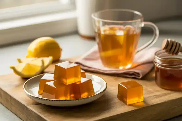 Golden gelatin cubes and warm drink on rustic wooden board for weight loss