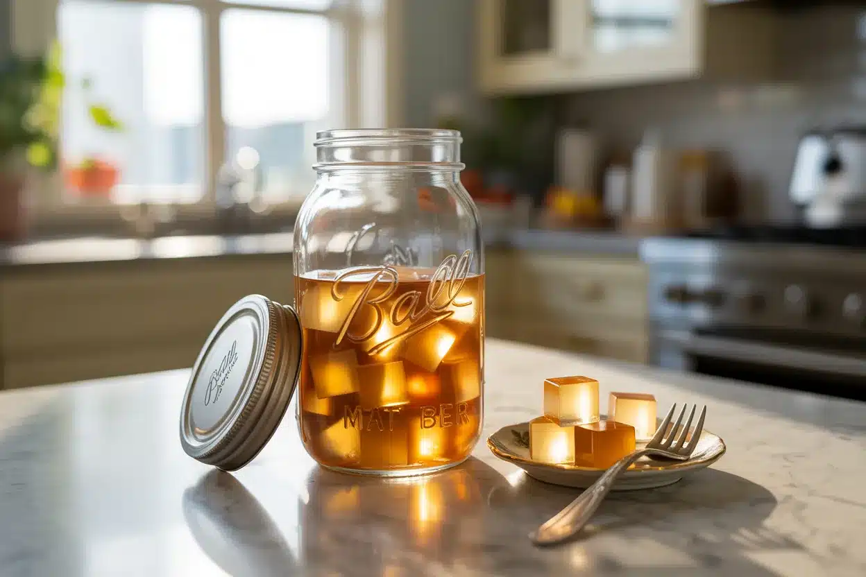 The Gelatin Morning Drink That Helped Me Feel in Control Around Food Again Gelatin Morning Drink Glass jar filled with homemade gelatin cubes for portion control