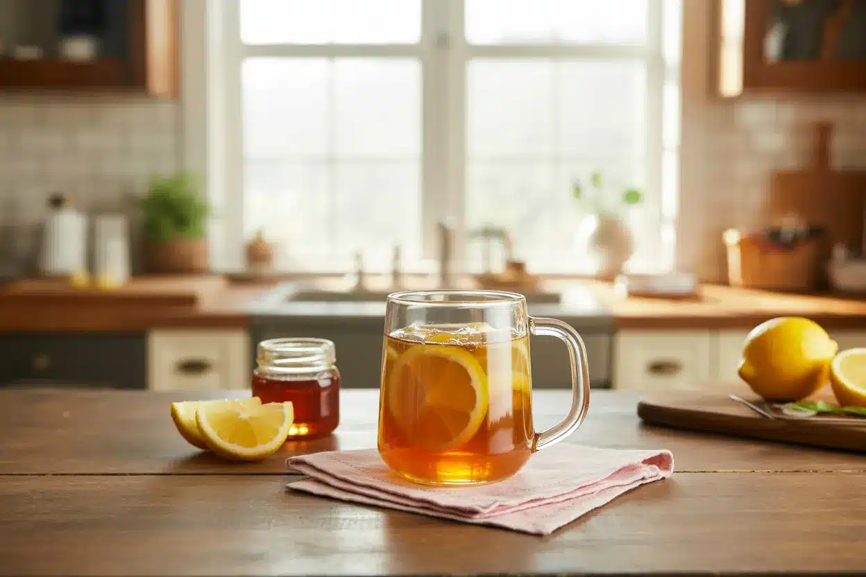 The Gelatin Morning Drink That Helped Me Feel in Control Around Food Again Gelatin Morning Drink Warm gelatin morning drink in a clear mug with honey and lemon
