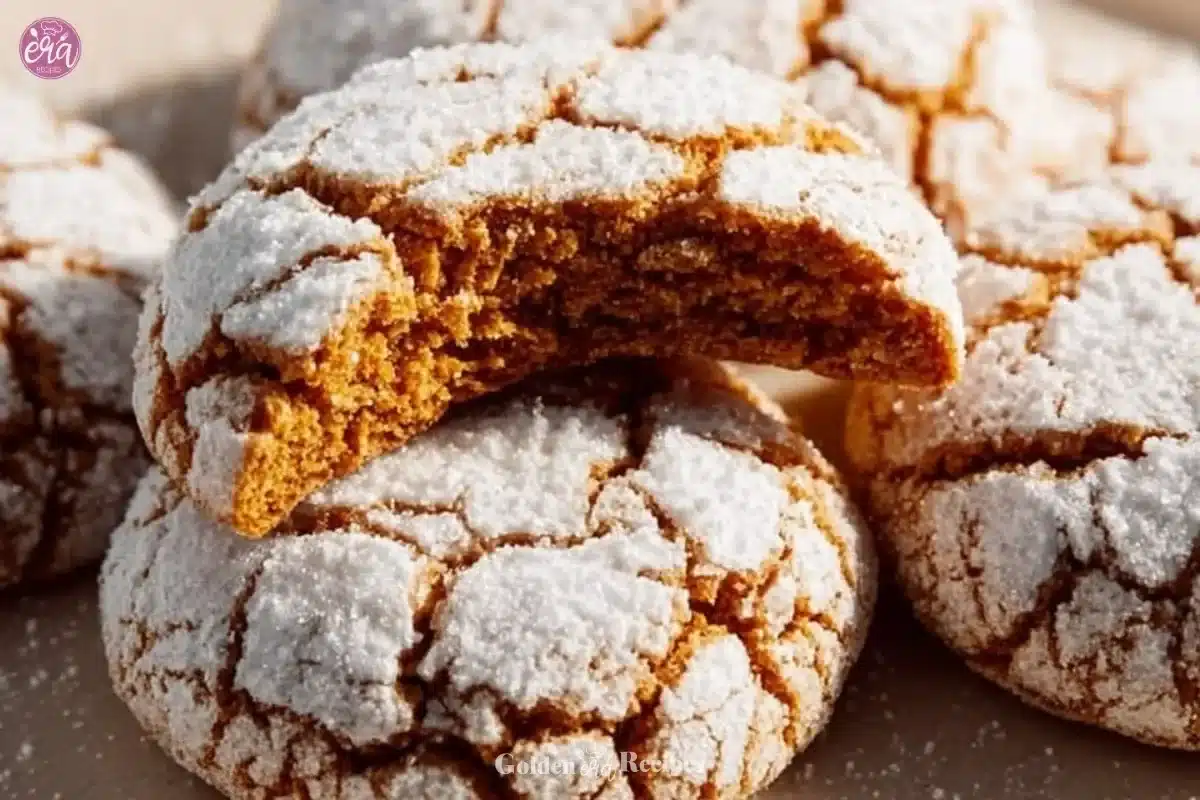 A plate of gingerbread crinkle cookies dusted with powdered sugar.