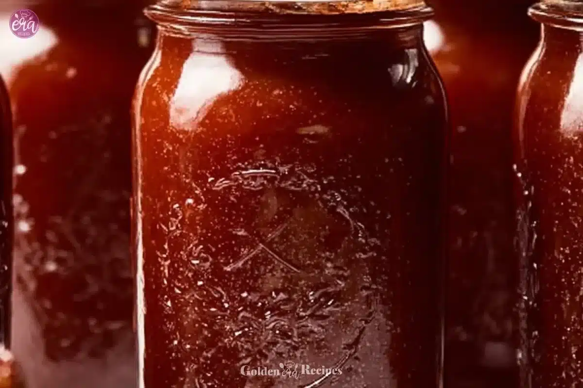Homemade BBQ sauce in a jar with fresh herbs and spices