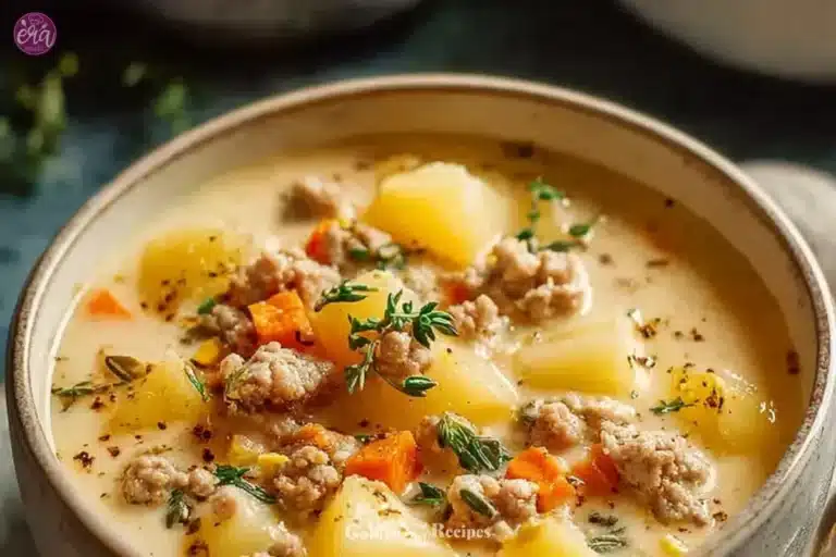 A bowl of homemade sausage potato soup garnished with herbs