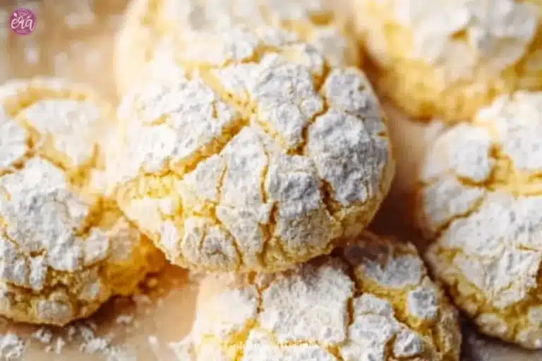 Plate of fresh lemon crinkle cookies dusted with powdered sugar