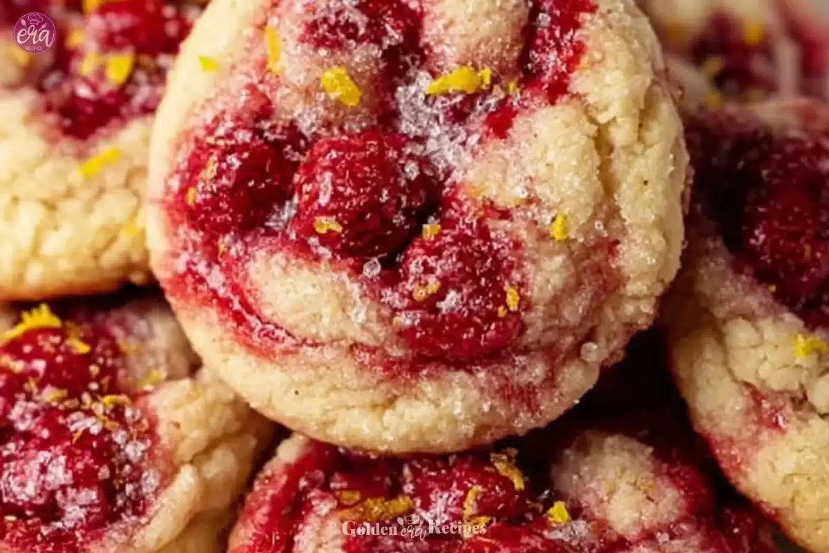 Freshly baked Lemon Raspberry Cookies with vibrant lemon and raspberry on serving plate.