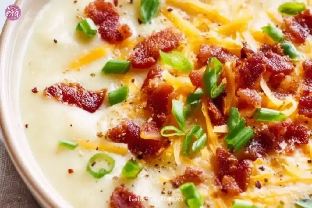 Delicious bowl of loaded potato soup topped with cheese and bacon